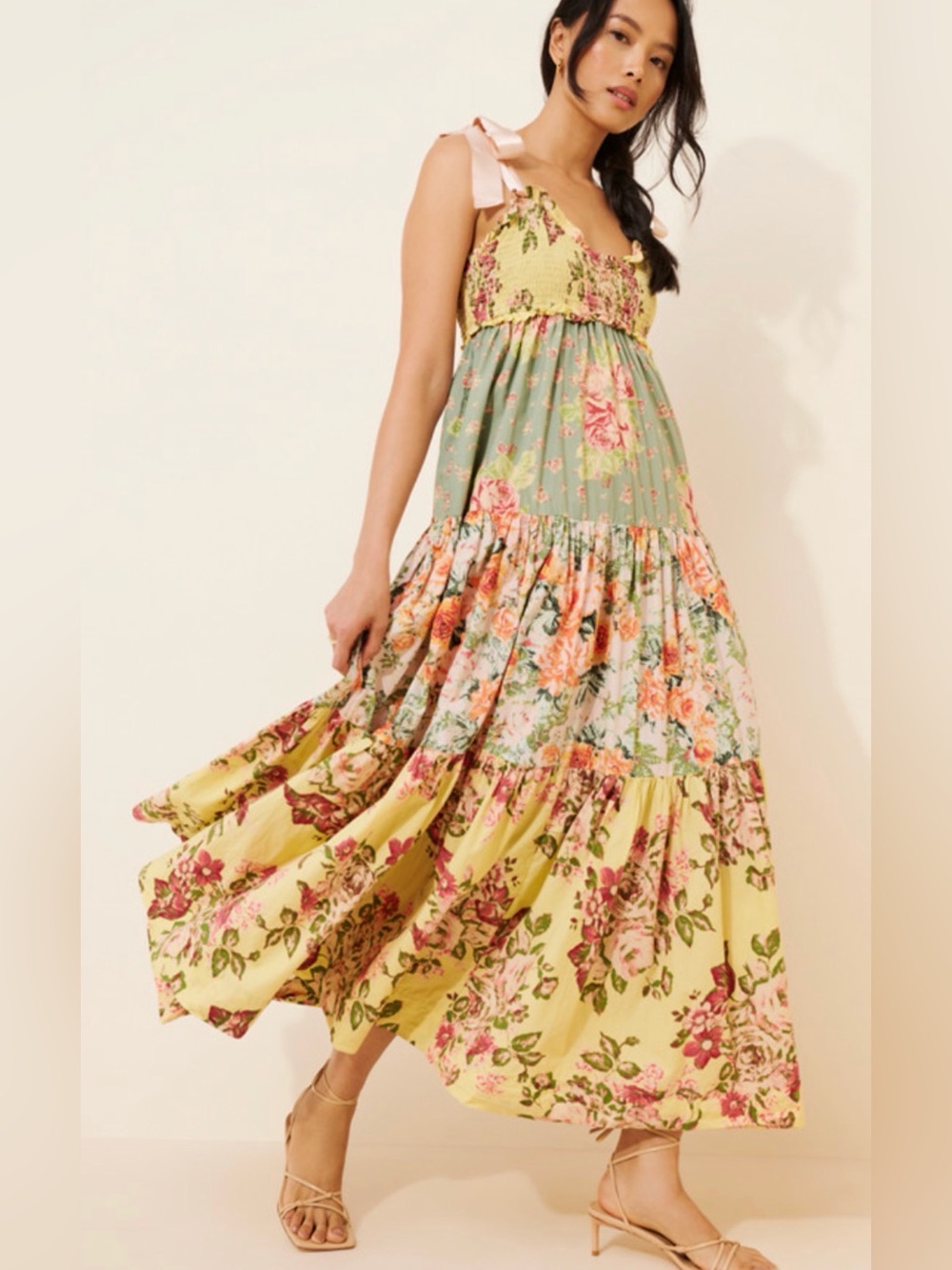 Free People Bluebell Maxi Dress Candy Combo Floral Ribbon Tie M